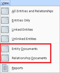 New Entity Documents and Relationship Documents menu items