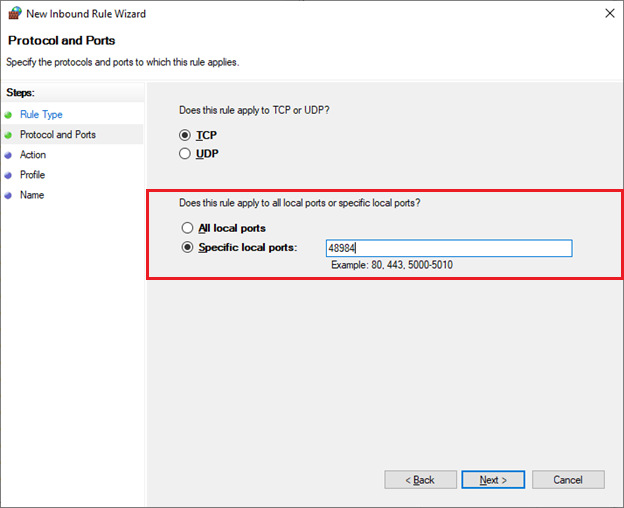 New Inbound Rule Wizard TCP Port Number