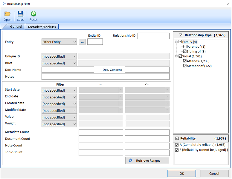 Relationship Data Refinement Filter Options