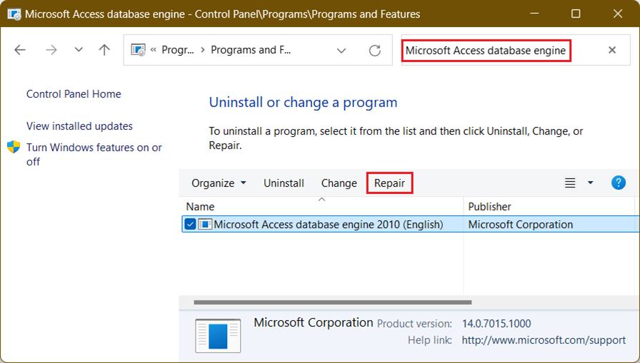 Microsoft Access database engine 2010 for Repair